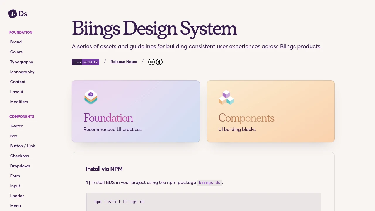 A screenshot of Biings Design System