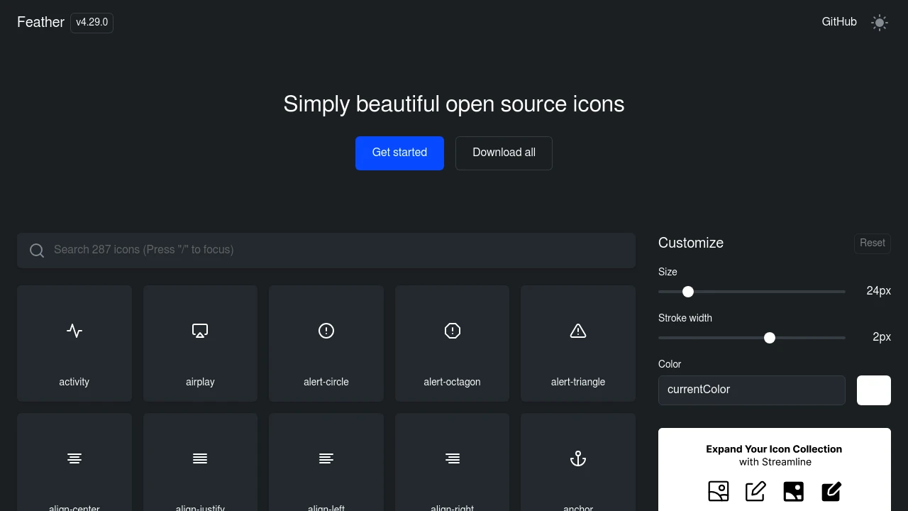 A screenshot of Feather Icons