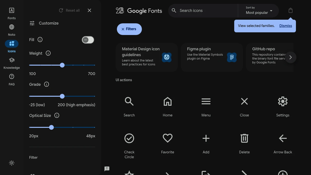 A screenshot of Material Symbols & Icons